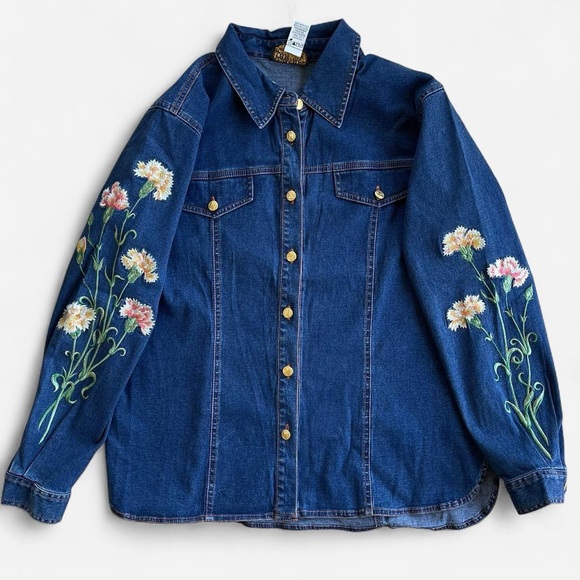 Bob Mackie Jackets & Blazers - Vintage Bob Mackie Wearable Art Embroidered Flowers Chrysanthemums Denim Jacket